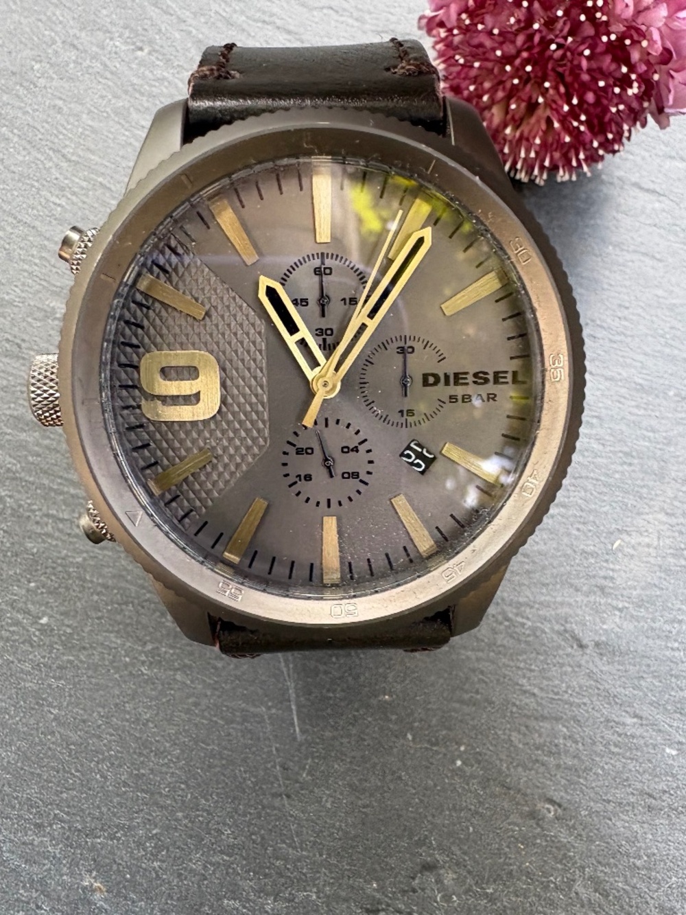 Diesel NWT Men's Griffed DZ4569 Gunmetal Chronograph Brown Leather Watch Boxed - Picture 2 of 12